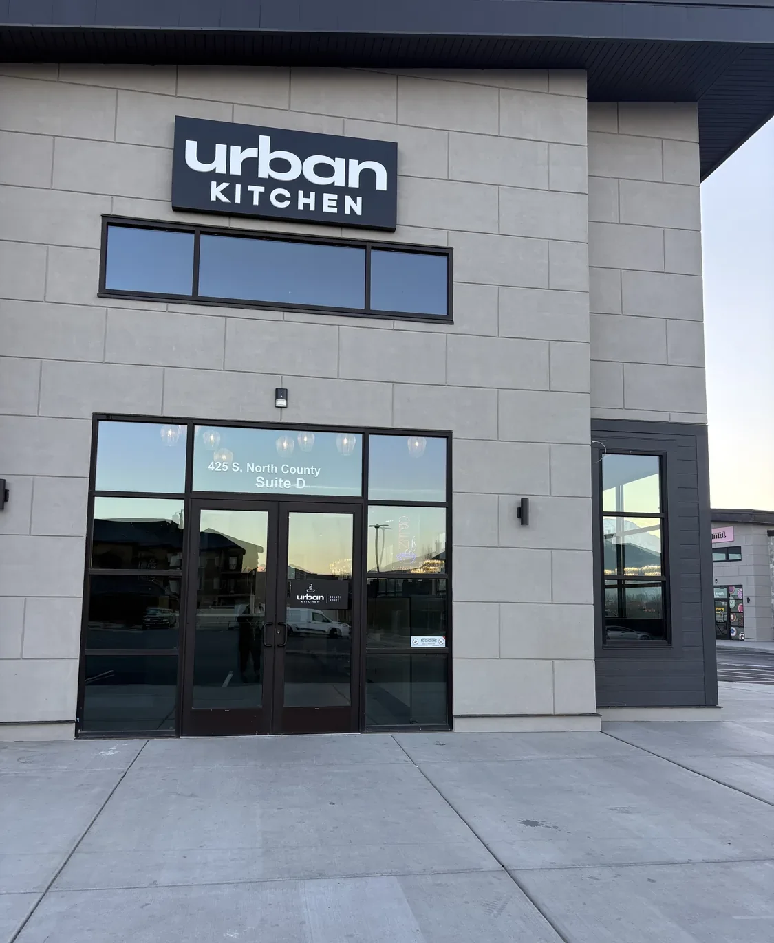 Urban Kitchen storefront with the sign above the doors in Pleasant Grove, Utah