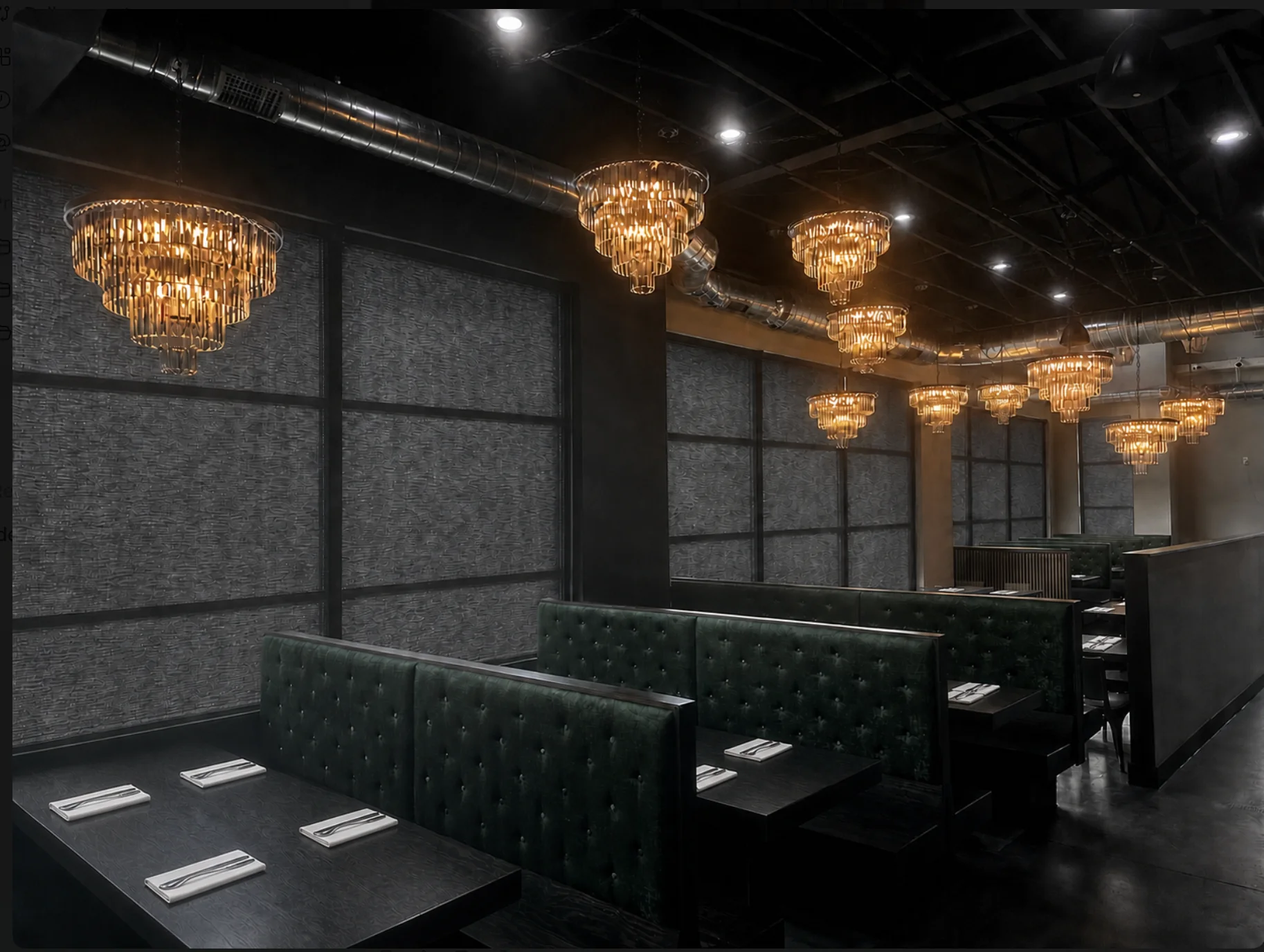 Urban Kitchen dining room beneath warm chandeliers